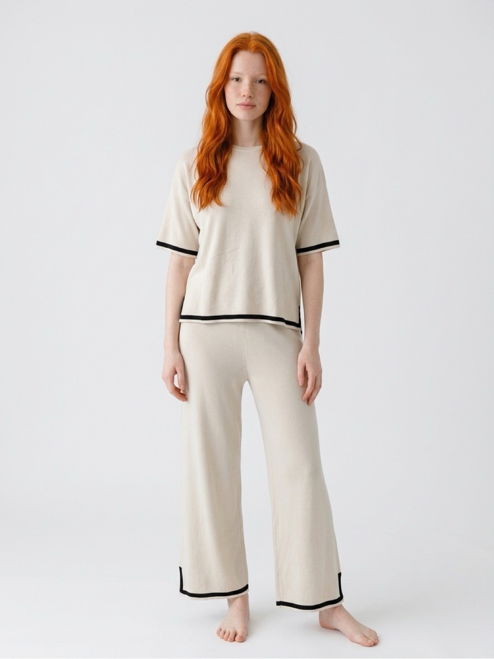 beige knit 2-piece lounge set, short-sleeve drop-shoulder sweater wide leg pants